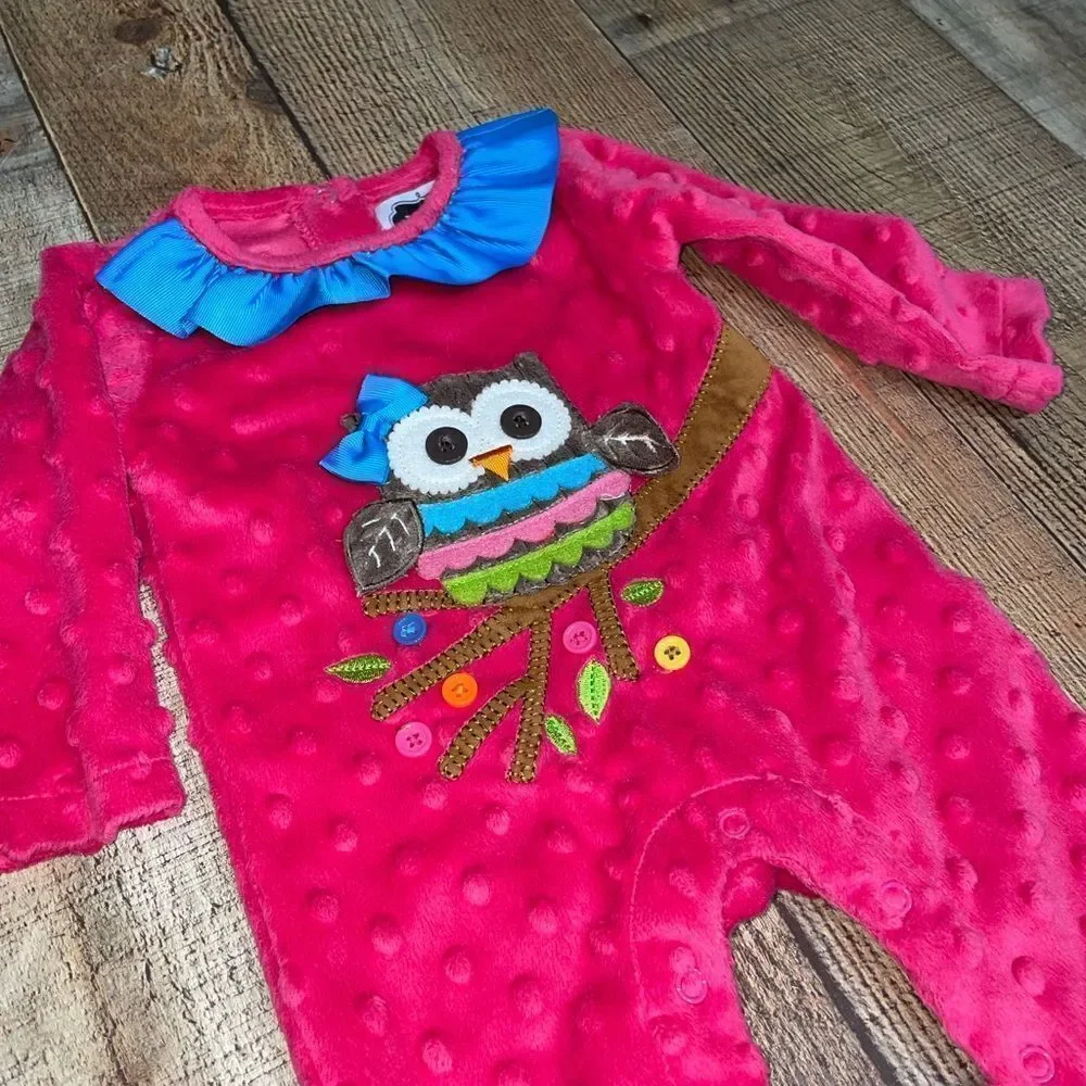 💜 Mud Pie Pink Minky Owl Romper Ruffled Hem and Neckline Size 0-6 M